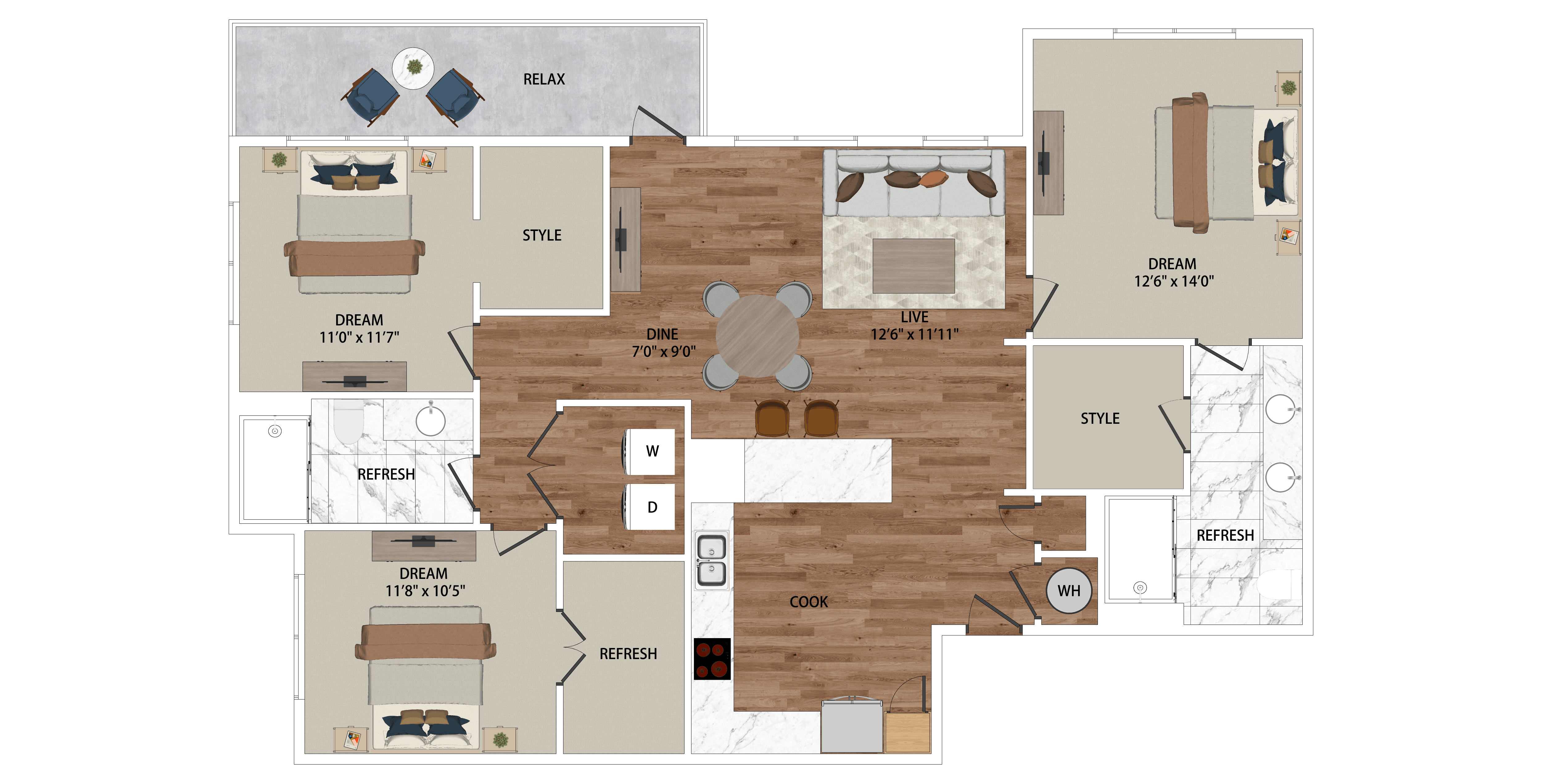 Floor plan for 3 beds, 2 baths, 1436 sqft